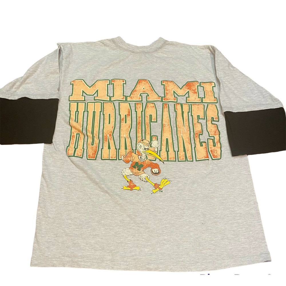 Vtg Miami Hurricanes Sz XL College Ware USA T-shirt 3/4 sleeve crewneck spellout
